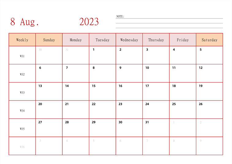 2023年日历台历 英文版 横向排版 带周数 周日开始